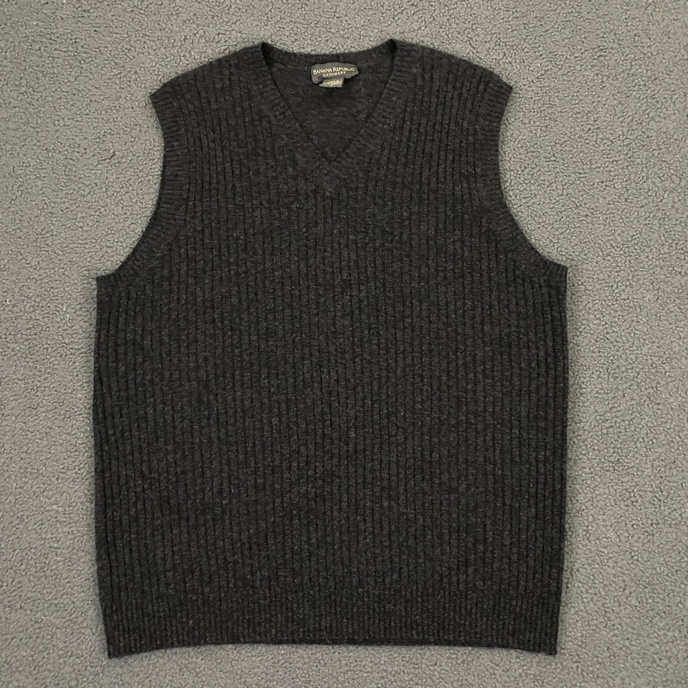 Vintage Banana Republic Cashmere Sweater Vest Mens Small Gray Ribbed Knit V-neck